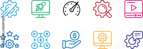 SEO and SEM icon set vector glyph in solid and mix styles for marketing dashboards, ranking, ads, analytics, and keyword workflows