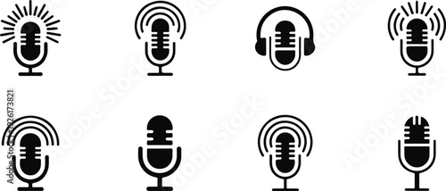 Microphone and sound wave icon set vector illustration representing audio, recording, broadcasting, and music production concepts