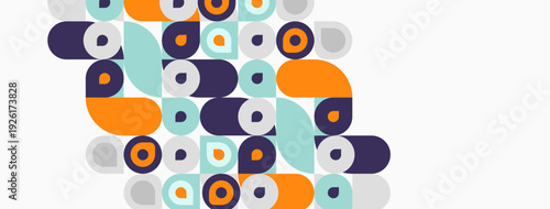 Abstract geometric shapes overlap, creating colorful pattern. Circles, squares, rectangles dominate composition. Minimalist design, modern aesthetic.