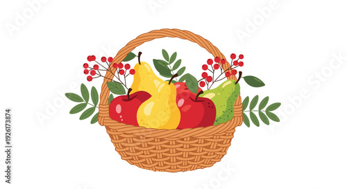 A colorful illustration of an autumn harvest basket filled with red apples, yellow and green pears, decorative green leaves, and bright red berries.