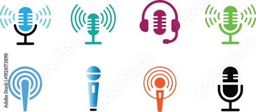 Microphone and sound wave icon set vector illustration representing audio, recording, broadcasting, and music production concepts