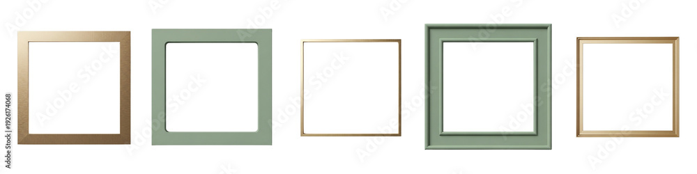 Fototapeta premium Gold and green picture frames in varying sizes on white background 