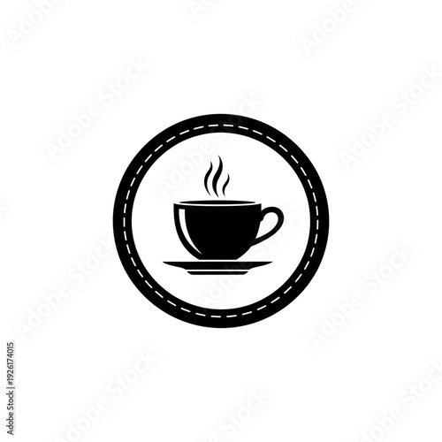 black silhouette icon of teacup inside circular badge shape