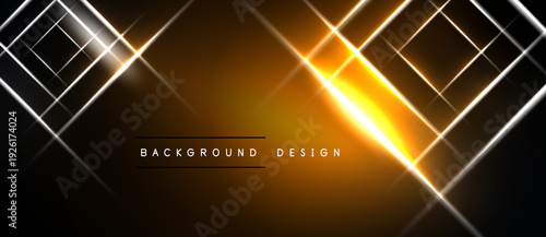 Abstract geometric lines create glowing effect. Golden light radiates from center, contrasting dark background. Modern design element.