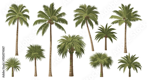 A diverse collection of tropical palm trees of various heights and leaf types, perfect for creating summer and vacation-themed designs.