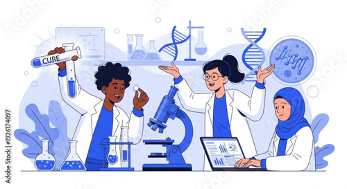 Diverse scientists in lab coats working together in a laboratory setting with dna models and microscope