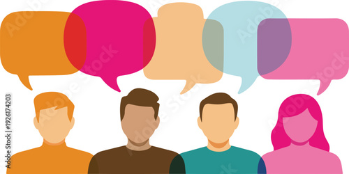 People icons vector set with colorful dialog and speech bubbles representing communication, chat, discussion, and messaging in flat cartoon style