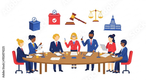 Diverse business team discussing law and justice at a conference table with legal symbols