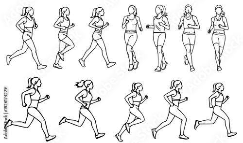 Running woman line art set. Vector illustration of a female jogger in different poses isolated on white background
