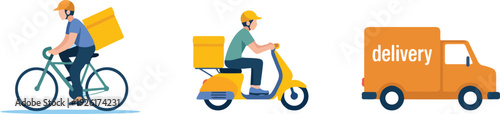 Online delivery service vector illustration featuring couriers, trucks, drones, scooters, bicycles, warehouse, and order tracking for home and office delivery