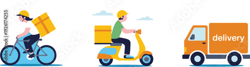 Online delivery service vector illustration featuring couriers, trucks, drones, scooters, bicycles, warehouse, and order tracking for home and office delivery