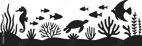 Underwater silhouette illustration featuring seahorse, turtle, angelfish, coral, seaweed, and fish showcasing diverse ocean ecosystem and marine biodiversity design