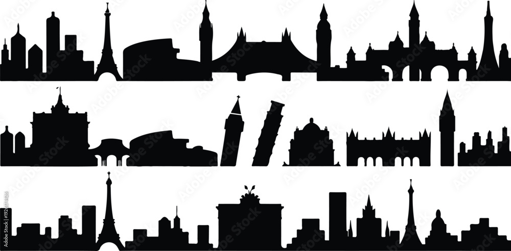 Obraz premium Travel and tourism landmarks vector collection featuring famous buildings, holiday destinations, and global sightseeing locations