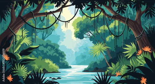 Vibrant tropical jungle river meanders through a lush rainforest, showcasing dense foliage, towering trees, and hanging vines in a stylized illustration.