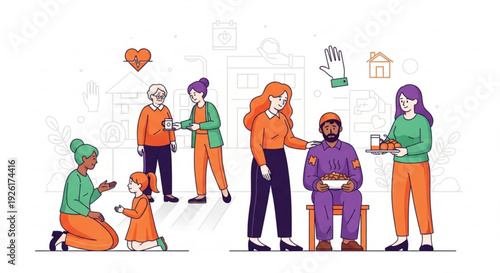 Diverse community coming together sharing food and kindness fostering connections and support