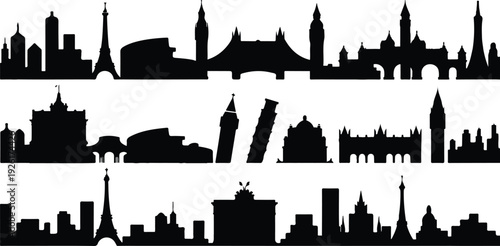 Travel and tourism landmarks vector collection featuring famous buildings, holiday destinations, and global sightseeing locations