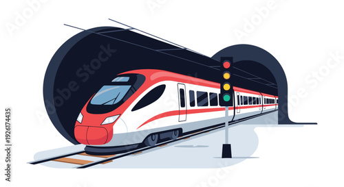 A sleek, red and white high-speed train with a green signal emerges from a dark tunnel on railway tracks, highlighting modern transportation.