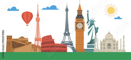 Travel and tourism landmarks vector collection featuring famous buildings, holiday destinations, and global sightseeing locations