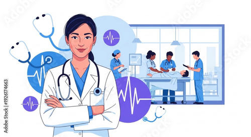 Female doctor in white lab coat with stethoscope and hospital background with medical team