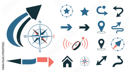 Set of navigation and direction icons featuring compasses, arrows, and location pins in blue and red, symbolizing travel, guidance, and finding your way.