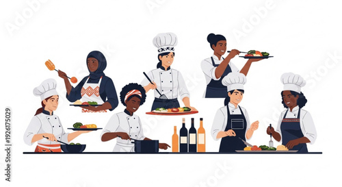 Diverse chefs preparing food in a kitchen with wine bottles on the counter culinary team working together