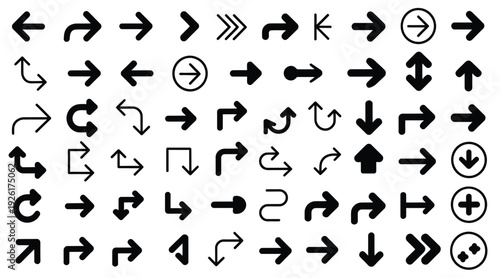 Extensive collection of black arrow icons showcasing various directions, shapes, and styles, including circular, double-headed, and curved pointers for diverse applications.