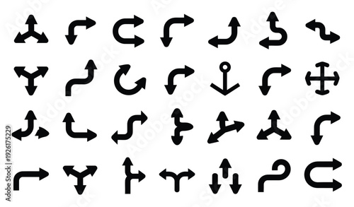 Extensive collection of black arrow icons representing diverse directional choices, including turns, curves, splits, and multi-directional paths for applications.