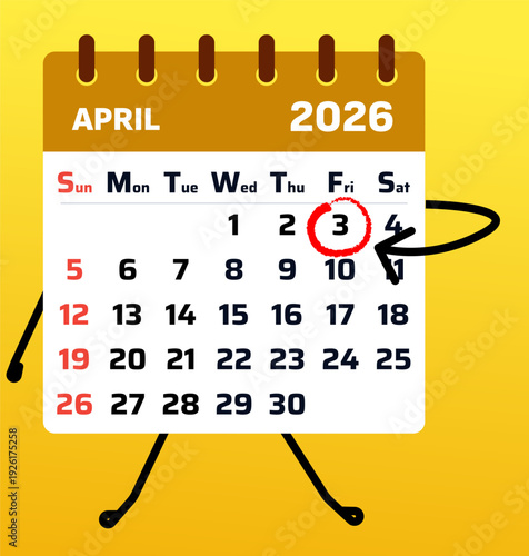 Cute calendar mascot with 3rd highlighted date on Friday layout. Great for colorful planner and organization themes.