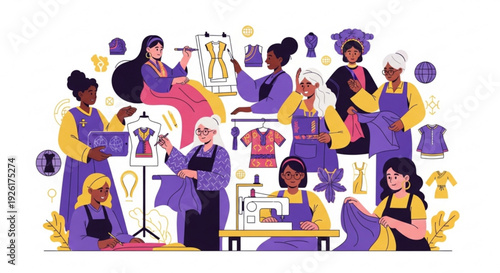 Diverse group of women working together in a fashion design studio with sewing machines and clothes