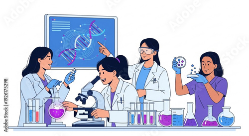 Scientists working together in laboratory setting with various equipment and dna structure display