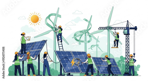 Renewable energy technicians installing solar panels and wind turbines in sustainable power generation facility with green energy equipment
