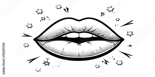 Vector illustration of a glamorous woman face featuring red lipstick on smiling lips and expressive eyes for a modern beauty fashion makeup art design