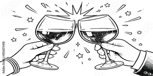A man with glasses and a woman celebrate an anniversary at a bar by sharing a red wine toast from crystal glasses during a festive party