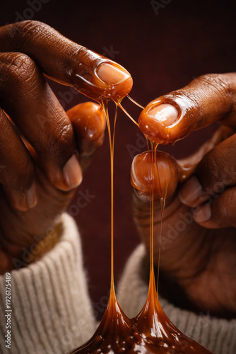 Macro Tactile Close-Up of Hands Stretching Sticky Viscous Caramel