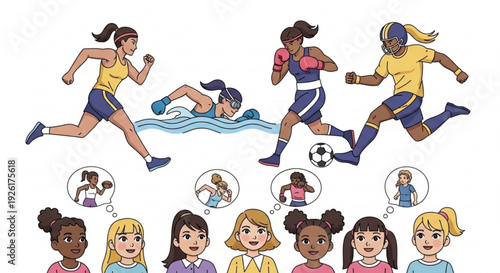 Diverse group of young women and girls engaging in various sports activities with enthusiasm and energy