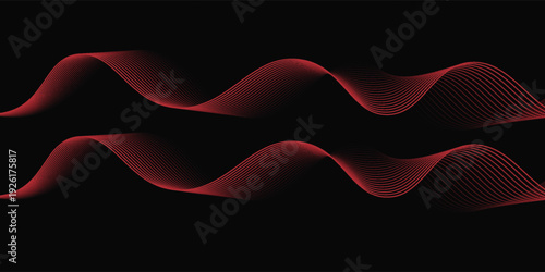 Red glowing graphic wave on black background. Luxury design template with red flowing wavy line design and text arrangement. Red Black modern background