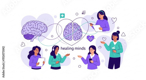 Diverse women discussing mental health and wellness together with brain illustrations and healing symbols