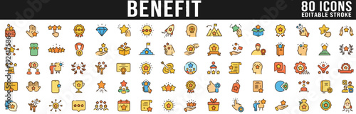 Collection of various icons representing benefits and advantages in different categories displayed on a clean background viewed from a straightforward perspective