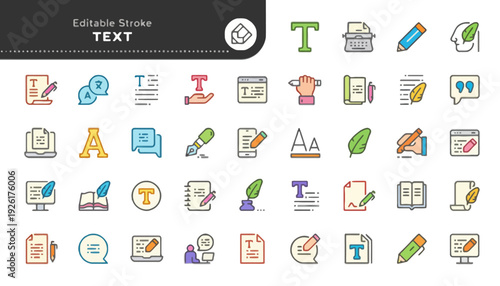 Collection of assorted office and stationery icons in various colors displayed on a white background