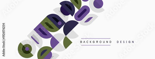 Abstract geometric shapes overlap, creating modern background design. Purple, green, black colors dominate composition. Minimalist aesthetic.