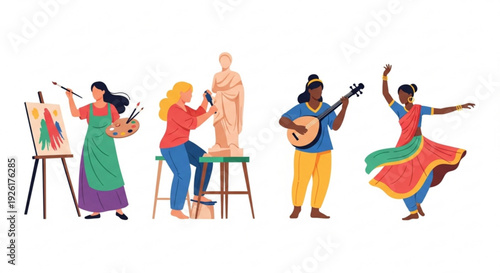 Diverse group of artists engaging in various creative activities including painting sculpting playing music and dancing against a white background