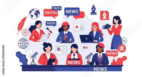 Diverse female journalists working together in a newsroom with microphones cameras and news headlines