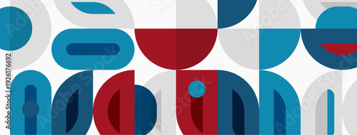 Abstract geometric shapes, blue, red, white. Minimalist design, overlapping forms create pattern. Modern aesthetic, simple composition.