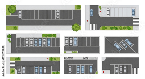 Overhead view of various parking lots with cars and designated spaces.