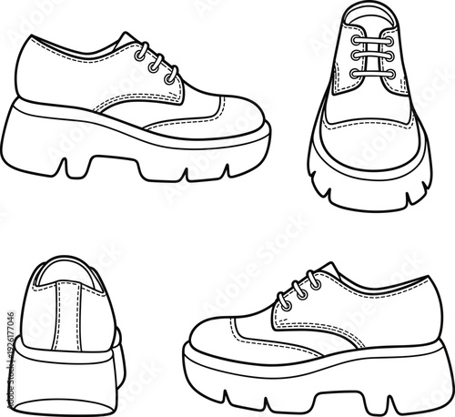 Hand drawn vector illustration of chunky platform shoes from multiple angles, fashion sketches for footwear design concepts