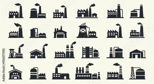 Collection of industrial factory silhouettes representing manufacturing and production facilities.
