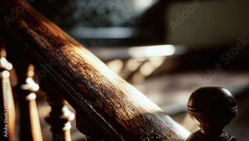 Close-up of a vintage wooden staircase railing with dramatic lighting.