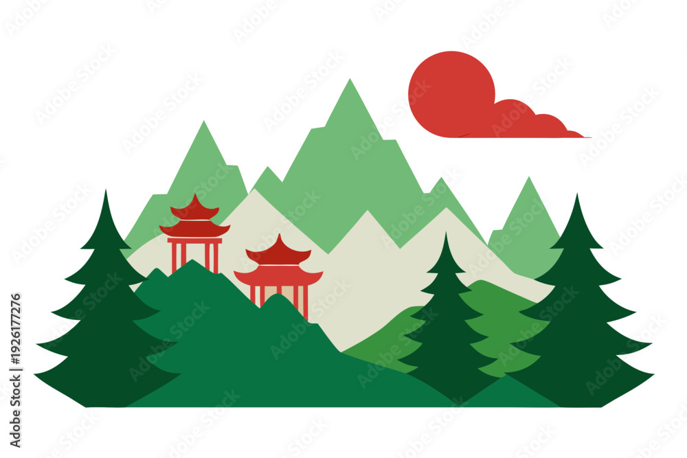 Fototapeta premium A serene vector graphic of a mountain landscape with Asian-style pagodas and trees under a red sun