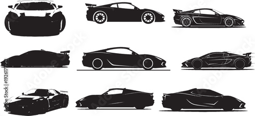 Sport car silhouette vector set, black supercar icons collection, modern racing vehicle outlines, 9 luxury automotive design elements for decals
