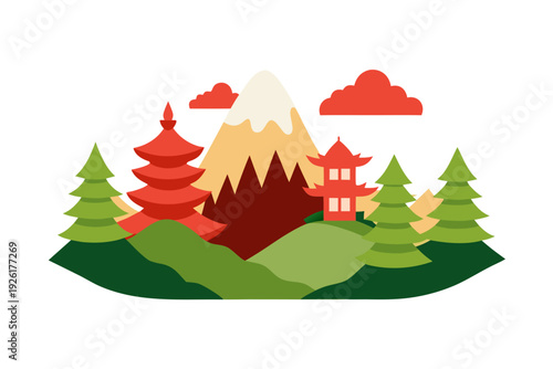 A serene vector illustration of a Japanese landscape with a mountain, pagodas, and trees